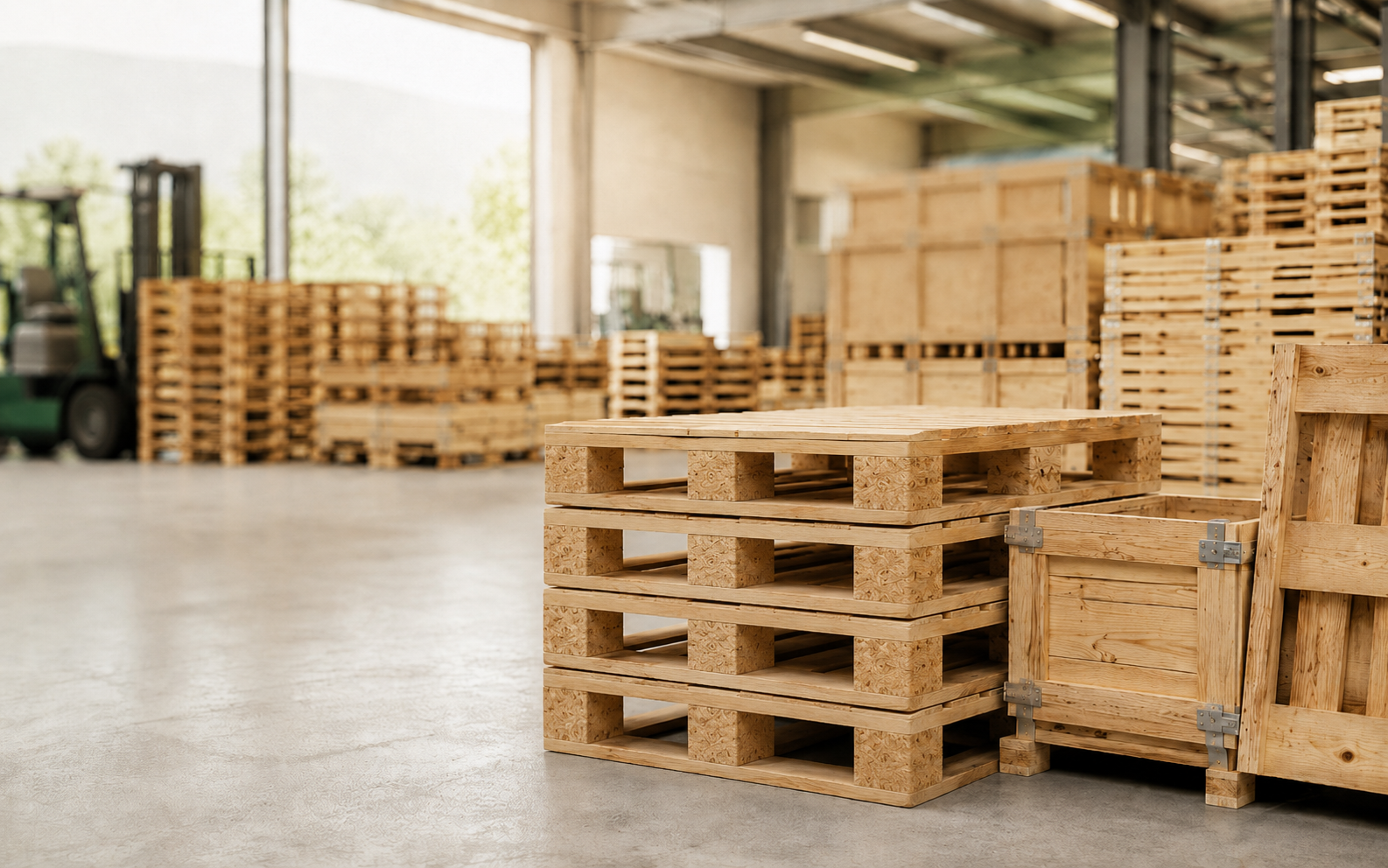 palettes neuves empilées dans un entrepôt